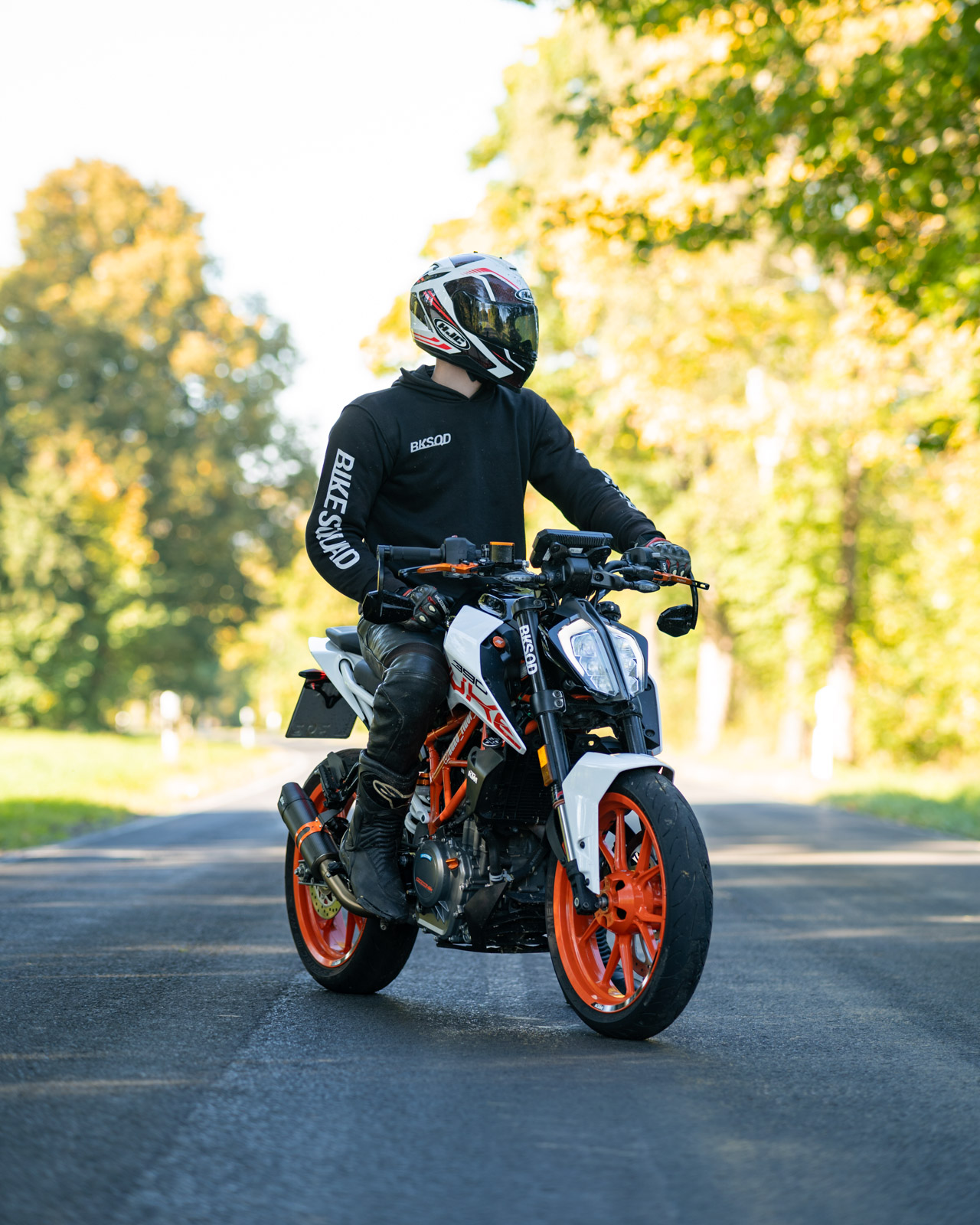 KTM Duke 390 im Wald bei Sonnenuntergang